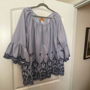 COPY - Like new blue/white pin stripe with embroidery top!